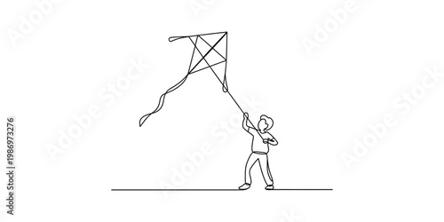 Continuous line drawing of a young boy flying a diamond kite in the sky on a windy day.