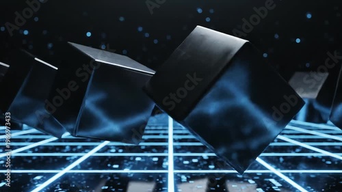 Floating cubes with subtle cyber grid reflection animation background