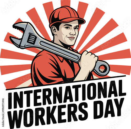 Professional International Workers Day Vector Graphic Featuring Maintenance Repair Worker Wearing Red Cap Holding Large Adjustable Wrench Against Sunburst Background Flat Illustration Design