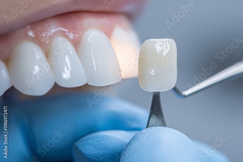 Professional dentist hand holding ceramic veneer before installation, cosmetic dentistry for perfect white smile, dental restoration process, tooth crown replacement