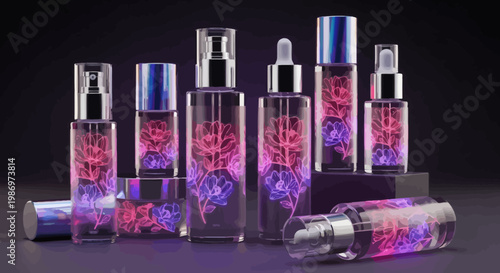 Beautifully Lit Cosmetic Bottles with Abstract Pink and Blue Designs on a Dark Background