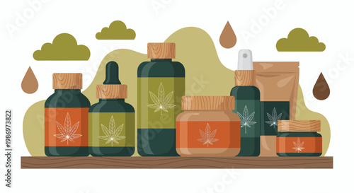 Collection of CBD oil products and other cannabis-derived goods displayed on a shelf