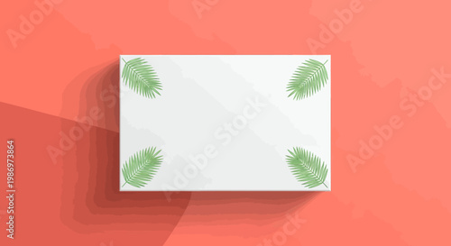 A minimalist white box with green leaf illustrations in each corner on a coral background with a shadow effect