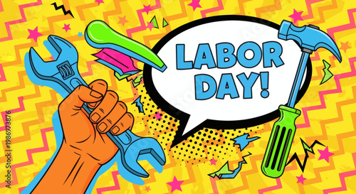 Happy Labor Day Celebration with Tools and Festive Decorations, Honoring Workers' Contributions