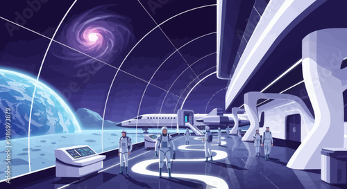 Advanced spaceport interior offering a breathtaking view of a distant planet and swirling galaxy, symbolizing humanity's future in galactic exploration and technological progress