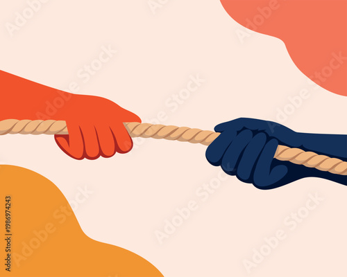 Vector illustration of two hands engaged in a tug-of-war, clutching a thick rope. Symbolic of competition, negotiation, struggle, balance of power, business, conflict resolution, and mental health