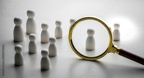 A Magnifying Glass Focused On A White Figure Among Many, Symbolizing Close Examination And Selection Process In Business.