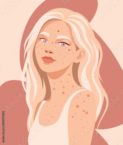Natural beauty of an albino woman. Vector portrait of a blonde with freckles, moles, skin imperfections. Use for advertising campaigns promoting skin care, body positivity, beauty, and self-acceptance