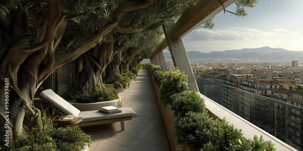 Obraz premium Peaceful rooftop with lush plants. Elevated walkway adorned with olive trees and seating
