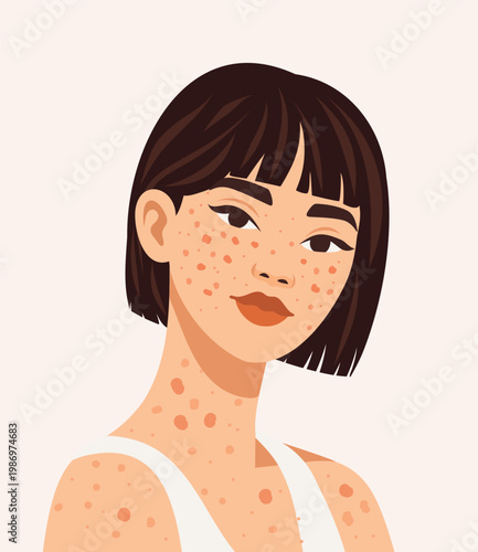 Natural feminine beauty. Vector portrait of a confident woman with freckles and acne. Bob hairstyle. Natural beauty, self-acceptance. Use for content about skincare, mental health, and body positivity