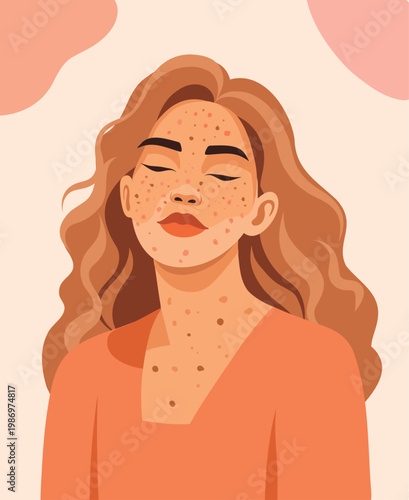 Natural Beauty. Vector avatar portrait of a confident, beautiful red-haired woman with closed eyes, freckles, skin imperfections. For campaigns celebrating beauty, diversity, self-care, empowerment