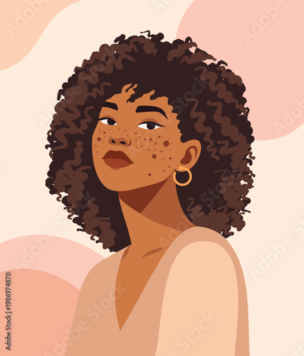 Natural Beauty. Stylish vector portrait avatar, confident African American woman with curly hair, freckles, moles, blemishes. Perfect for campaigns celebrating beauty, diversity, selfcare, empowerment
