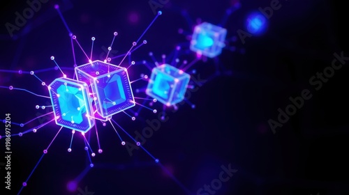 Abstract glowing cubes connected by lines. Digital network concept, futuristic technology illustration. Dark background emphasizes bright elements.