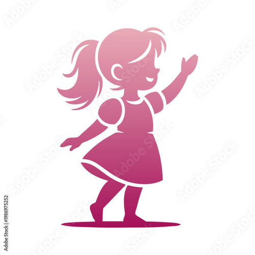 Logotipo de boutique de moda infantil. Dibujo minimalista con silueta de una niña sonriente saludando con la mano, de color rosa