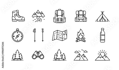 Hiking 12 icon set outdoor adventure trekking camping outline vector