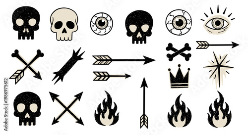 doodle, scrapbook, crayon Skull Icons, Arrows, Flames, Vector Symbols isolated on White Background vintage, icons