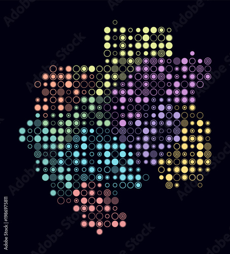 Gabon, shape of the country build of colored cells. Digital style map of the Gabon on dark background. Large size circle blocks. Modern vector illustration.