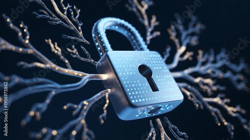 Wallpaper Mural A glowing blue padlock secures a futuristic neural network branch in a dark technological environment. Torontodigital.ca