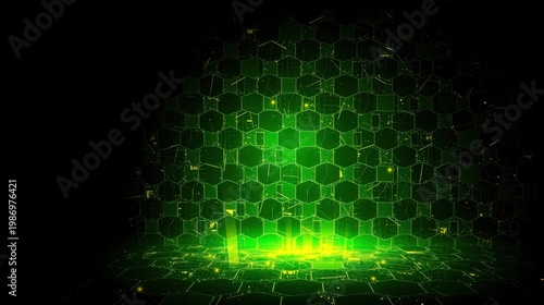 Bright green hexagonal grid forms dome shape. Light emanates from center, creating futuristic effect. Dark background emphasizes glowing structure.