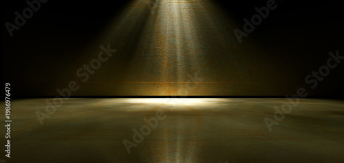 Foto Habitación vacía con suelo de hormigón oscuro y luz cenital que ilumina un punto circular sobre una superficie texturizada