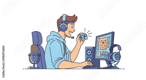 Male gamer playing video games with headset and controller