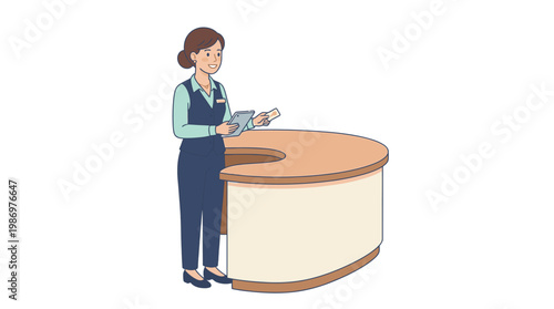 Hotel receptionist holding key card and tablet at front desk counter