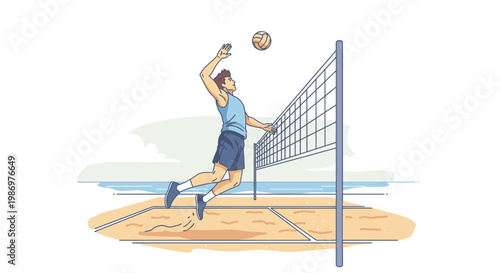 Beach volleyball player spiking ball over net on sand court