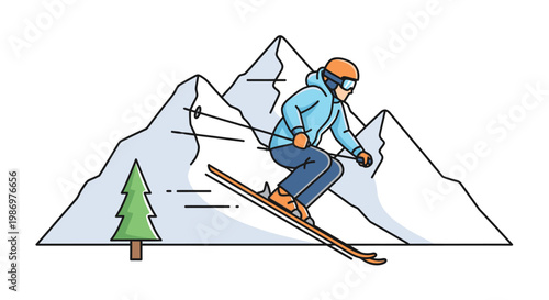 Skier sliding down snowy mountain slope vector illustration