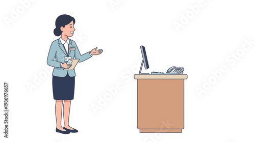 Female receptionist gesturing towards office desk workstation