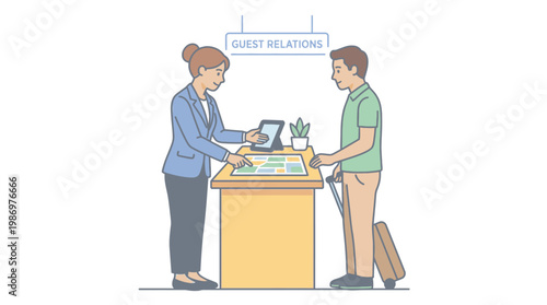 Tourist at guest relations desk with receptionist in hotel lobby