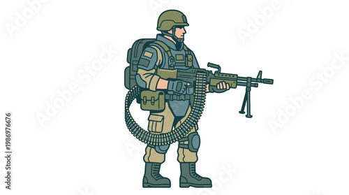 Soldier Machine Gunner with Tactical Gear and Ammo Belt