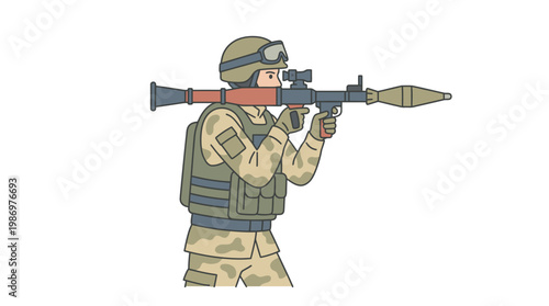 Soldier Aiming Rocket Propelled Grenade Launcher in Camouflage Gear