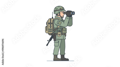 Military Soldier Looking Through Binoculars with Tactical Gear