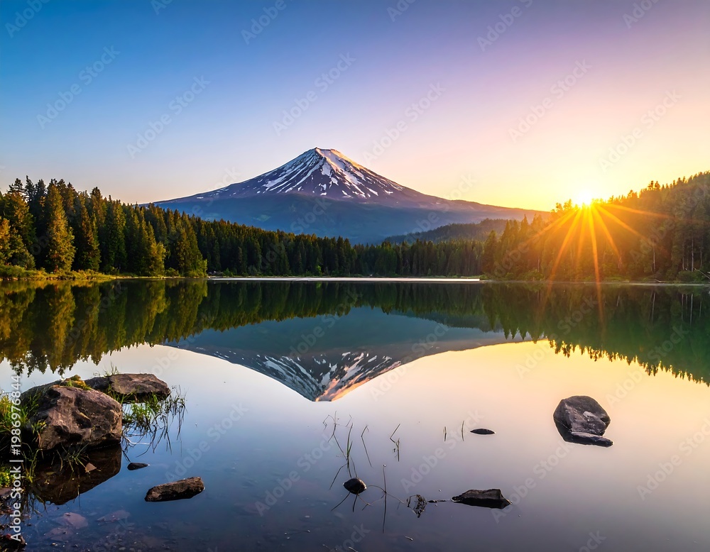 Fototapeta premium A serene mountain peak with snow sits mirrored in a calm lake. A radiant sunrise illuminates the scene. Trees frame the water