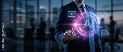 Harnessing ai technology in business strategy development corporate office environment digital innovation professional meeting room futuristic concepts elevate decision making