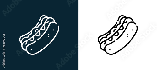 Black and white hot dog line icon pair, editable stroke vector illustration for web, mobile apps, UI design, branding, and print from Picnic