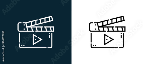 Black and white clapperboard line icon pair, editable stroke vector illustration for web, mobile apps, UI design, branding, and print from Videoblogger
