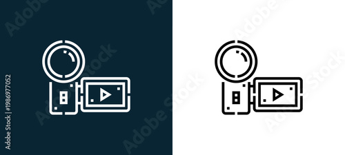 Black and white camera line icon pair, editable stroke vector illustration for web, mobile apps, UI design, branding, and print from Videoblogger
