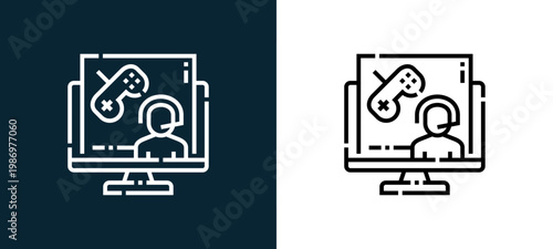 Black and white videogame line icon pair, editable stroke vector illustration for web, mobile apps, UI design, branding, and print from Videoblogger