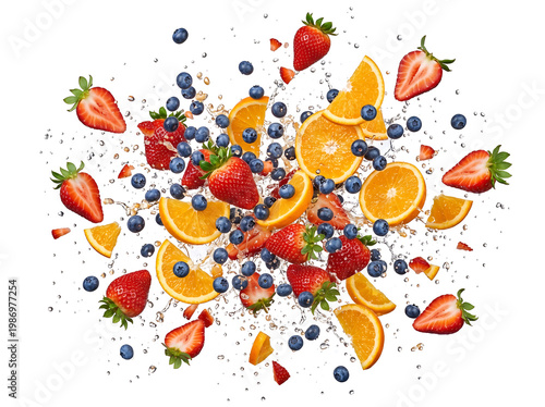 fresh fruits exploding mid air strawberries blueberries and orange slices frozen in motion isolated on pure white background high speed photography