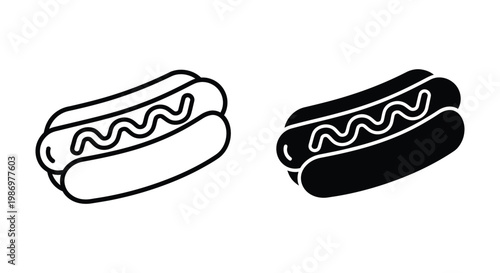 Hot dog icon set vector illustration of a hot dog with mustard in outline and solid style
