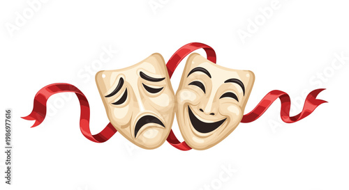Elegant theatrical drama masks showing joy and sorrow are gracefully entwined with a vibrant flowing red satin ribbon set against a pristine white backdrop.