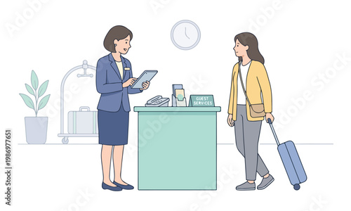 Hotel Receptionist Check-in Process with Guest at Front Desk