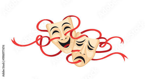 Dramatic theater masks depicting laughter and grief are intricately entangled within a complex web of multiple looping red ribbons on a bright white surface.