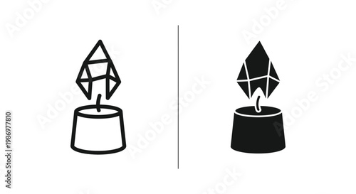 Set of geometric candle icons, minimalist vector illustration of crystal shaped candles in line art and solid style