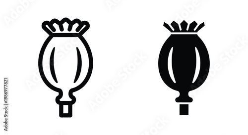 Poppy seed pod icon set, outline and solid style, vector illustration of opium poppy head isolated on white background