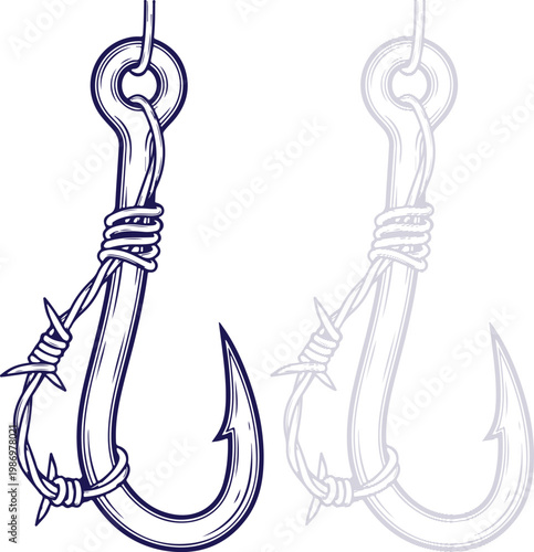Fishing Hook wrapped with Barbed Wire illustration in line art style