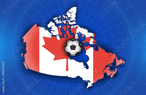 Vector game banner. Map of Canada in colors of national flag. Shadows and glow. Soccer ball. Football. Championship. Sports competition