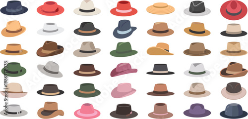 Large collection of classic hats including fedoras trilbies bowlers and sun hats for fashion design headwear icons and apparel accessories.