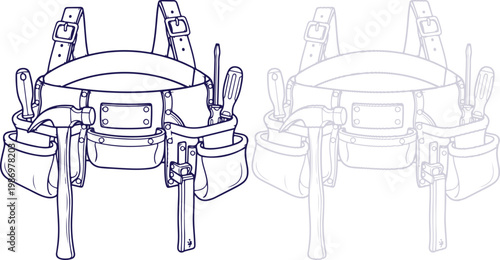 Tool belt with hammer and screwdrivers line art illustration isolated on white